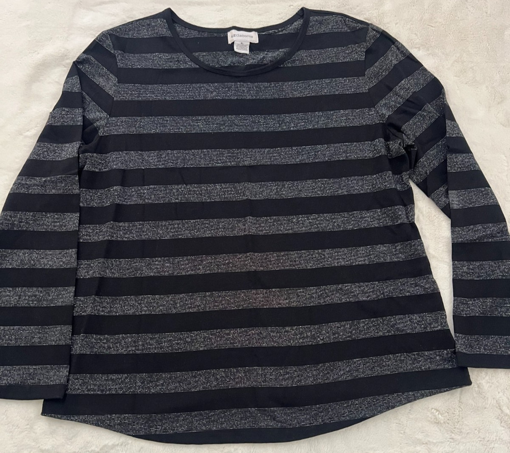 Liz Claiborne Women’s XL Black Silver Metallic Stripe Long Sleeve Top